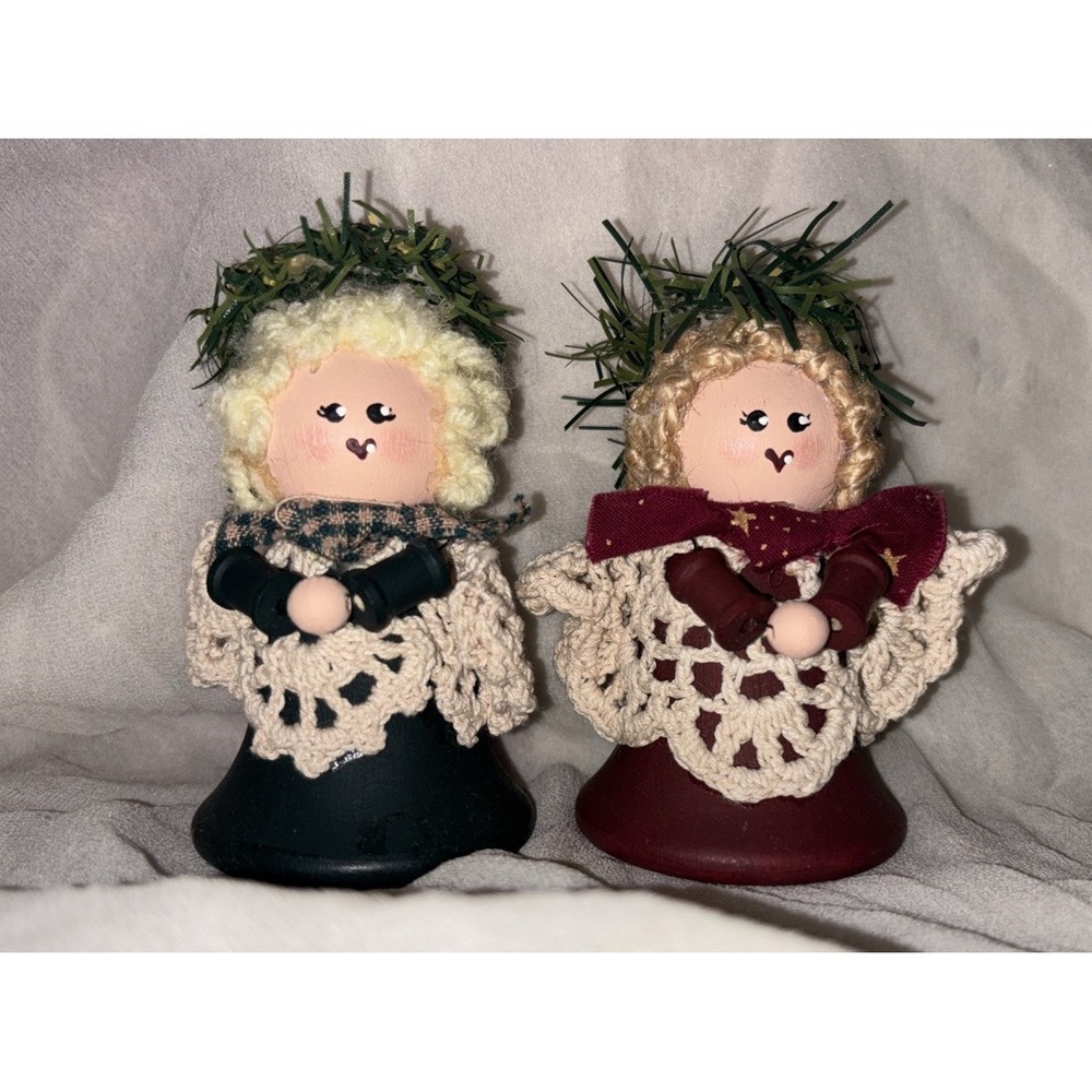 Vintage Handmade Wooden Angel With Crocheted Doily Wings Floral Crown Decor X2